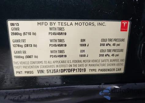 2013 Tesla Model S Performance z USA, uszkodzony, nr VIN 5YJSA1DP7DFP17019